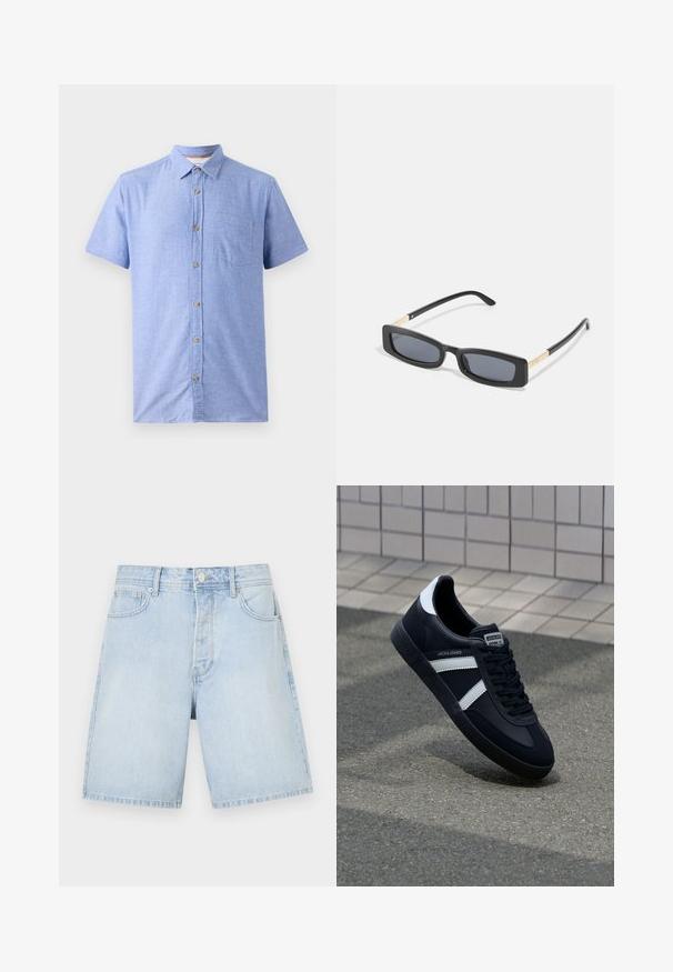 Chemise à manches courtes en tissu bleu clair avec un motif à carreaux, dotée d'une fermeture à boutons sur le devant et d'une poche poitrine.; Shorts en denim bleu clair à coupe droite, avec poches avant, fermeture à bouton et couture décontractée. Texture lisse sans motifs.; Sneaker en cuir noir avec des rayures blanches, semelle en caoutchouc texturée et devant à lacets. Présente une étiquette de marque sur la languette.; Lunettes de soleil noires rectangulaires avec des verres foncés. Les branches fines et plates présentent un accent doré. Monture en plastique lisse avec une finition mate.