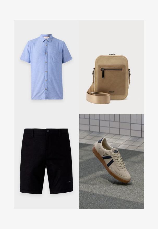Chemise à manches courtes en tissu bleu clair avec un motif à carreaux, dotée d'une fermeture à boutons sur le devant et d'une poche poitrine.; Shorts noirs au tissu lisse, dotés d'une fermeture à bouton, de poches classiques et de poignets retroussés. Fabriqués en tissu léger.; Baskets beiges avec une finition texturée, bandes navy et semelle en caoutchouc. Équipées d'une languette rembourrée et d'un système de laçage traditionnel pour un maintien sécurisé.; Petit sac bandoulière beige avec poche avant zippée, logo métallique ALDO, sangle large ajustable et forme rectangulaire arrondie sur fond blanc.