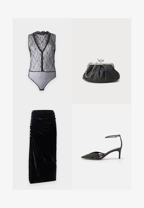 Hofmann Copenhagen EXCLUSIVE MARY - Top - black; Rabanne Puzdrová sukňa - black; Čierna kožená topánka na vysokom opätku s špicatou špičkou, otvorenými stranami a tenkým remienkom okolo členka so zlatým kovovým detailom.; Čierna kožená kabelka s vrúbkovou textúrou, strieborným kovovým rámom, uzáverom na pobozkanie a retiazkou na nosenie. Hladký, jemný povrch.