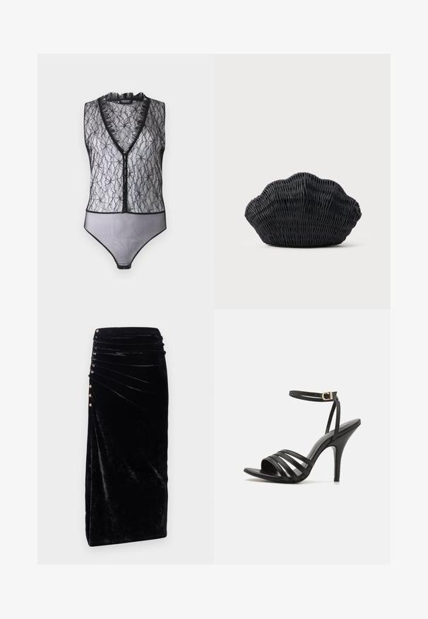 Hofmann Copenhagen EXCLUSIVE MARY - Top - black; Rabanne Pencil skirt - black; Sort stiletto sandal med remme, en slank ankelrem, åben tå og en glat finish. Har en slank hæl og et tekstureret remdesign.; Sort flet håndtaske formet som en muslingeskal med en buet top og flettet tekstur på en ensfarvet baggrund.