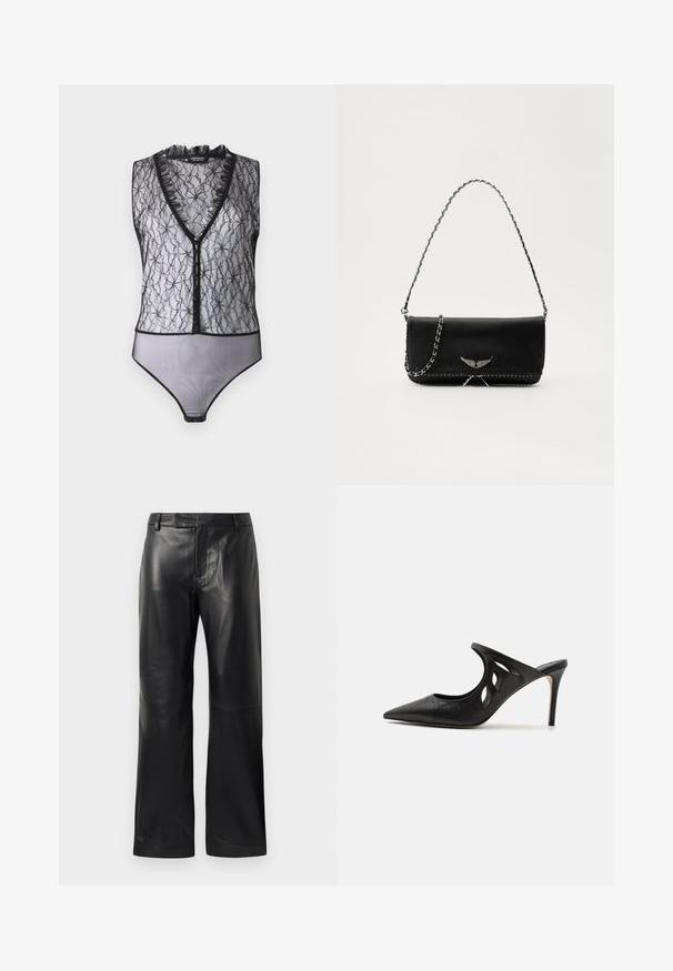 Hofmann Copenhagen EXCLUSIVE MARY - Top - black; Sorte lige ben faux læderbukser med bæltestropper og en skjult frontlukning, præsenteret på en hvid baggrund.; Sorte læder højhælede mules med spids tå, udskåret sideskærm og glat tekstur. Stiletthæl og subtil syning.; Sort læderhåndtaske med en sølv kædestrop, der har dekorative vingedetaljer og hvid syning langs bunden.