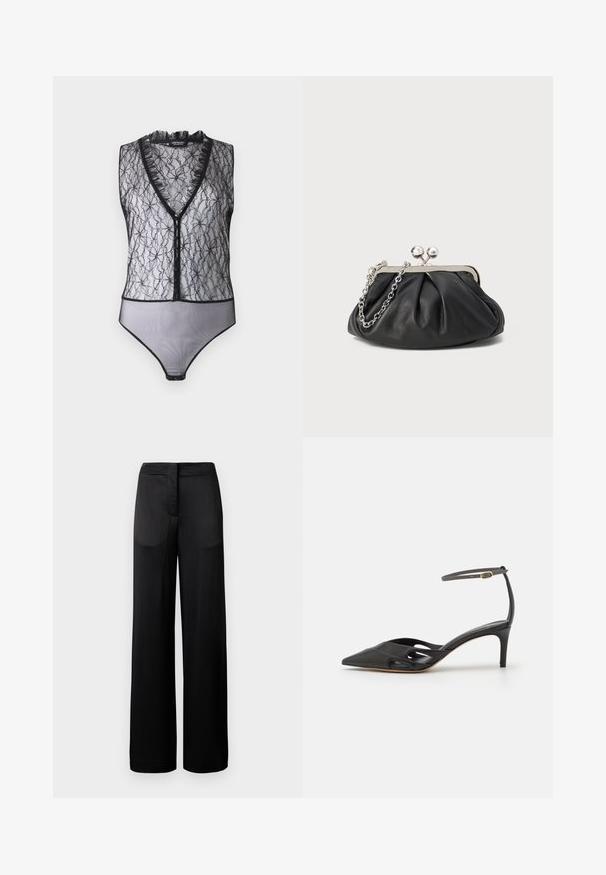 Hofmann Copenhagen EXCLUSIVE MARY - Top - black; Široké čierne nohavice s textúrovaným povrchom, obsahujúce plochý pás a dve bočné vrecká. Tkanina vyzerá ľahko a priedušne.; Čierna kožená topánka na vysokom opätku s špicatou špičkou, otvorenými stranami a tenkým remienkom okolo členka so zlatým kovovým detailom.; Čierna kožená kabelka s vrúbkovou textúrou, strieborným kovovým rámom, uzáverom na pobozkanie a retiazkou na nosenie. Hladký, jemný povrch.