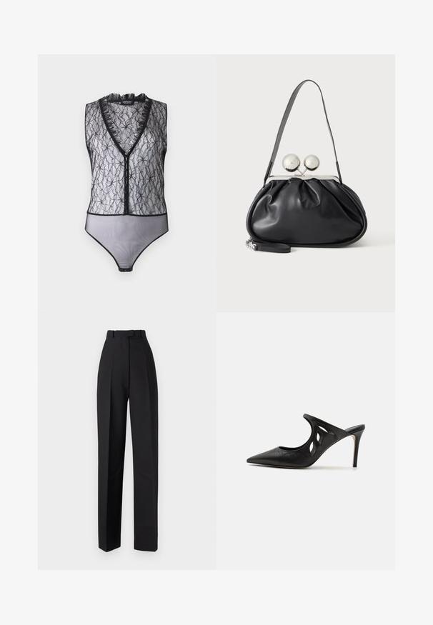 Hofmann Copenhagen EXCLUSIVE MARY - Top - black; Čierne vysoké nohavice s záhybmi, s upraveným strihom a rovnými nohavicami. Vyrobené z hladkej látky, s minimálnymi detailmi.; Čierne kožené vysoké špičaté papuče s výrezmi po stranách a hladkou textúrou. Stiletto podpätok a jemný steh.; Čierna kožená kabelka so zhlukovým dizajnom, jedným popruhom, strieborným kovovým rámom a dvoma veľkými okrúhlymi striebornými zapínaniami.