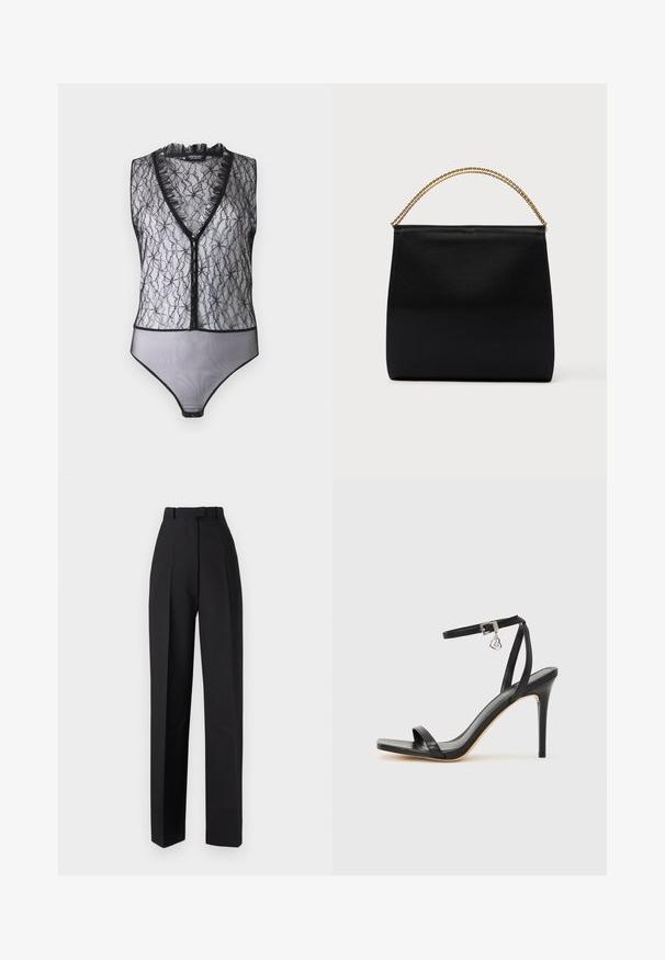 Hofmann Copenhagen EXCLUSIVE MARY - Top - black; Sorte højtaljede bukser med plisseringer, der har et skræddersyet design og lige ben. Fremstillet af et glat stof med minimal detaljering.; Sort hæl-sandal med smal ankrem, firkantet tå-boks, glat lædermateriale og metalspænde som pynt.; Sort taske lavet af glat stof, med en struktureret form, et håndtag med guld kæde og et minimalistisk geometrisk design.