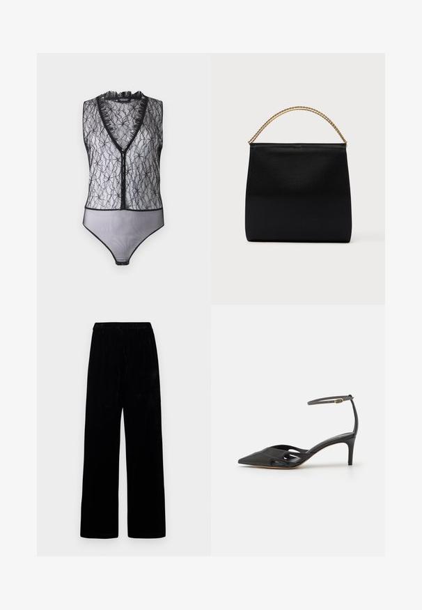 Hofmann Copenhagen EXCLUSIVE MARY - Top - black; Čierne široké nohavice s elastickým pásom a mäkkou sametovou textíliou, vystavené na jednoduchej svetlej pozadí.; Čierna kožená topánka na vysokom opätku s špicatou špičkou, otvorenými stranami a tenkým remienkom okolo členka so zlatým kovovým detailom.; Čierna taška z hladkej tkaniny, s formovaným tvarom, zlatým retiazkovo rukoväťou a minimalistickým geometrickým dizajnom.