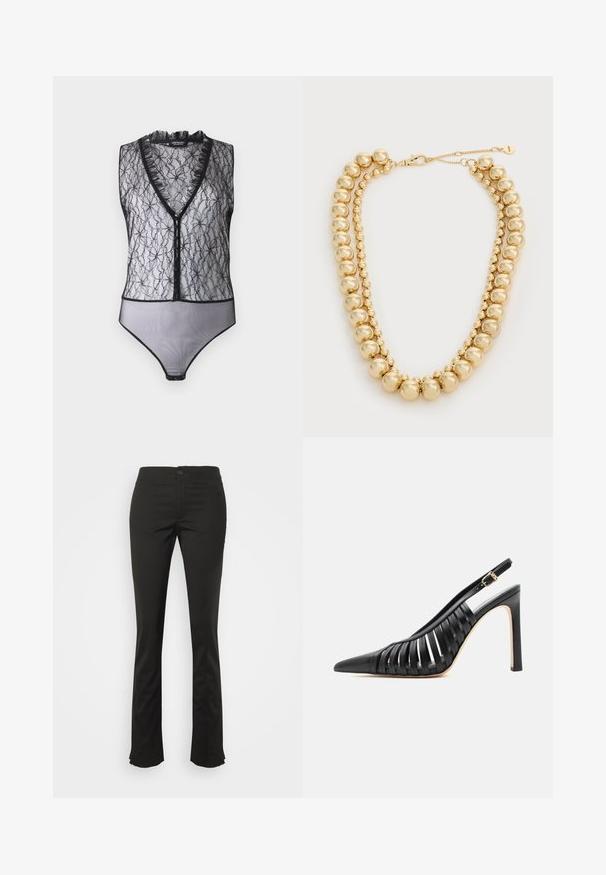 Hofmann Copenhagen EXCLUSIVE MARY - Top - black; Filippa K ZIP TROUSERS - Bukser - black; Sort højhælet slingback-sko med spids tå og udskårne læderremme med en guldbøjle på ankelremmen.; Dobbeltstrenget guldkæde med skiftevis store og små kugleformede perler, lås med hummerkrabbe og justerbar kæde med rund mærkat.