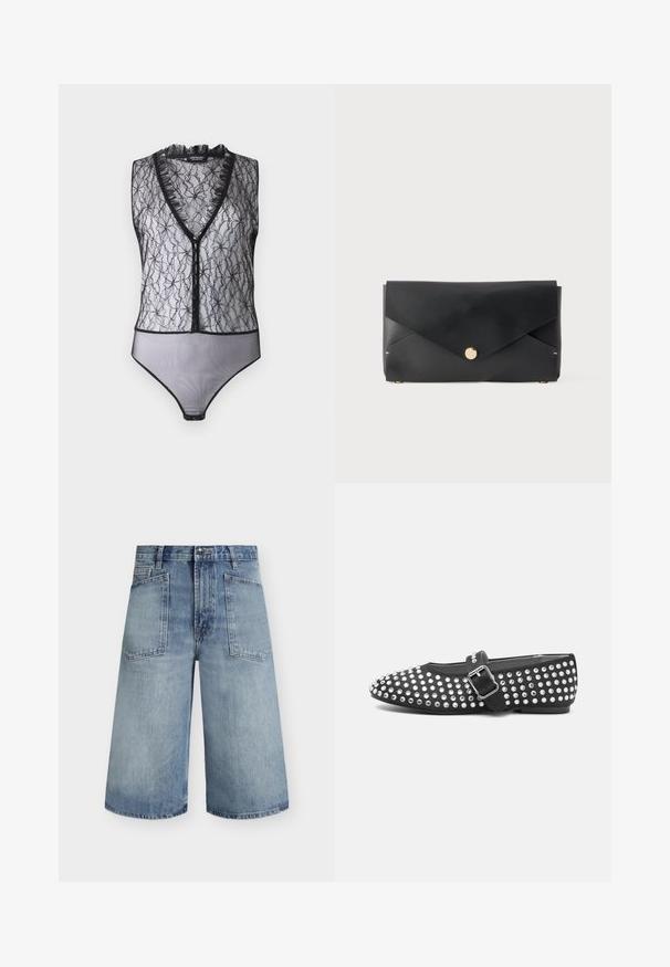 Hofmann Copenhagen EXCLUSIVE MARY - Top - black; Lys blå cowboyshorts med høj talje, vide ben, forlommer, bæltestropper og knaplukning.; Sort flad sko med rund tå, nitterdesignet med metalliske accenter og en spænde-rem over vristen.; Sort læderkuvertclutch med lukning med guldfarvet knap på en ensfarvet hvid baggrund.