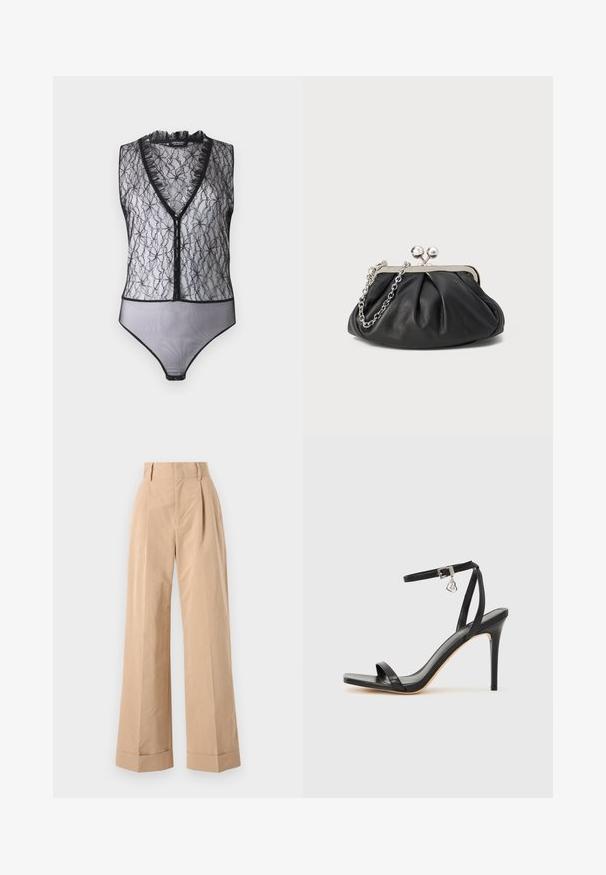 Hofmann Copenhagen EXCLUSIVE MARY - Top - black; Beige bukser med vid ben og høj talje, der har læg og en glat tekstur. Cuffene er foldet, hvilket tilføjer en struktureret detalje.; Sort hæl-sandal med smal ankrem, firkantet tå-boks, glat lædermateriale og metalspænde som pynt.; Sort læder clutch med samlet tekstur, sølvfarvet metalramme, kys-lås lukning og kædestrop. Glat, blød overflade.