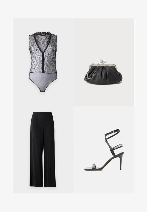 Hofmann Copenhagen EXCLUSIVE MARY - Top - black; Čierne široké nohavice z hladkej látky, s vysokým pásom a žiadnymi viditeľnými vreckami ani kovovými prvkami. Dĺžka až po zem.; Čierna sandála na vysokom opätku s úzkym remienkom okolo členka, remienkom v strede chodidla ozdobeným striebornými reťazovými článkami a otvorenou špičkou.; Čierna kožená kabelka s vrúbkovou textúrou, strieborným kovovým rámom, uzáverom na pobozkanie a retiazkou na nosenie. Hladký, jemný povrch.