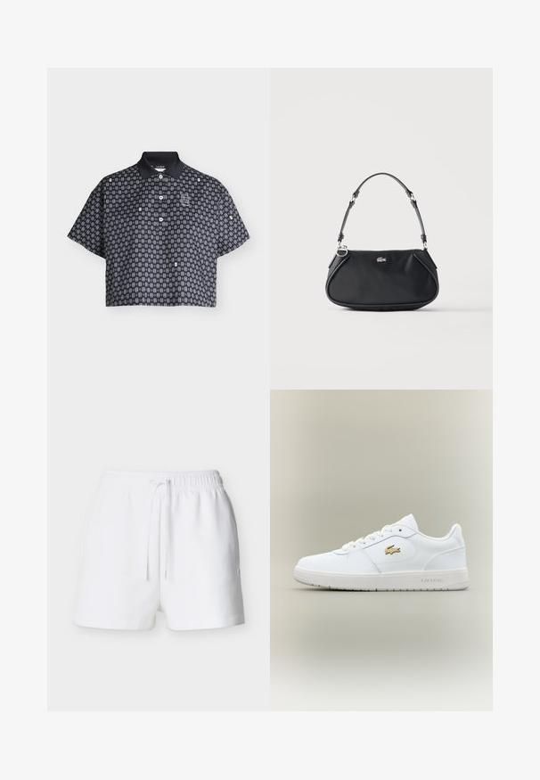 Polo noir court avec petit motif géométrique blanc, manches courtes, trois boutons blancs et col noir avec étiquette Lacoste.; Shorts à taille élastique blanche avec cordon de serrage, ourlet droit et petit logo sur le côté droit.; Baskets en cuir blanc avec un design basse, bout arrondi, fermeture à lacets et un accent du logo doré Lacoste sur le côté.; Sac d'épaule noir avec sangle réglable, fermeture éclair et petit logo crocodile argenté au centre devant.