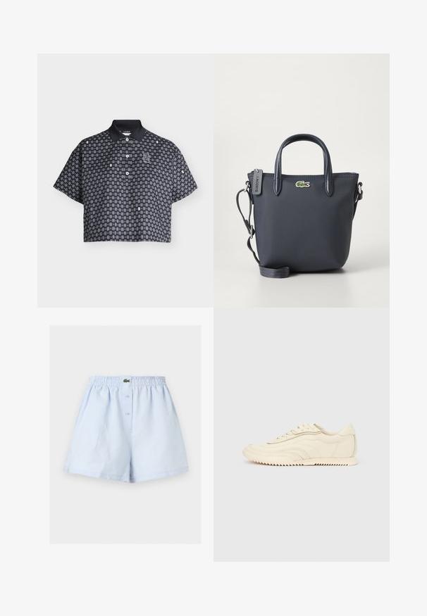 Polo noir court avec petit motif géométrique blanc, manches courtes, trois boutons blancs et col noir avec étiquette Lacoste.; Boxer homme bleu clair avec ceinture élastique, fermeture avant à boutons et petit logo crocodile vert au centre.; Baskets basses de couleur crème avec des coutures ondulées, une fermeture à lacets et une semelle crantée, vues de côté sur un fond uni.; Sac à main bleu marine en tissu texturé, avec deux poignées supérieures et une bandoulière détachable. Il présente un petit logo Lacoste et une fermeture éclair.