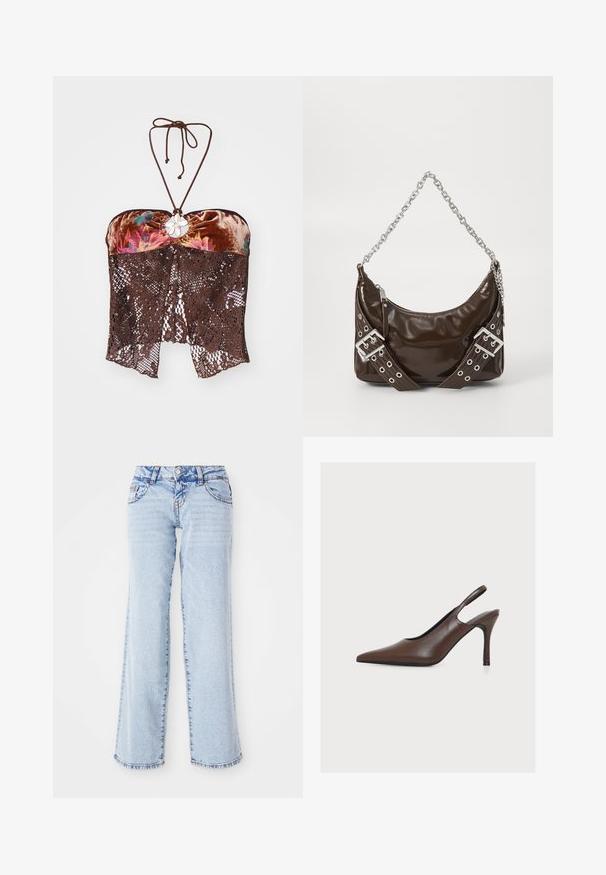 Braunes Samt-Halftertop mit floralen Akzenten, das ein zentrales dekoratives Element und spitzenartige Details am Saum aufweist.; Helle blaue Denim-Jeans mit lockerer Passform, geraden Beinen und subtiler Ausbleichung. Verfügt über fünf Taschen und Gürtelschlaufen. Ausgefranster Saum. Coaches; Brauner Leder-Pumps mit spitzer Kappe, Slingback mit hohem Stilettoabsatz und glattem Finish vor hellen Hintergrund.; Dunkelbraune Lackleder-Handtasche mit silberner Kettenriemen, dekorativen doppelten Schnallen und Reißverschluss.