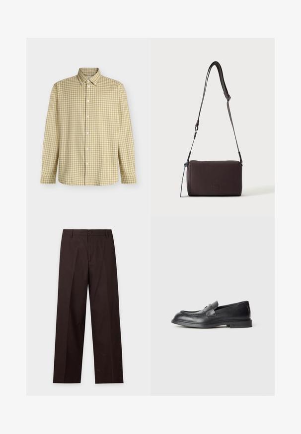 Chemise à manches longues à carreaux jaunes et gris, boutonnée avec un col boutonné, présentée à plat sur un fond blanc uni.; Pantalon droit marron foncé avec passants de ceinture, fermeture par bouton et pli sur le devant, présenté sur fond blanc.; Mocassins en cuir noir avec une finition texturée, dotés d'une bride décorative à l'avant et d'un bout arrondi. Semelle en caoutchouc pour plus de durabilité.; Sac bandoulière en cuir marron foncé texturé avec une sangle réglable et un petit accent décoratif bleu sur le côté.