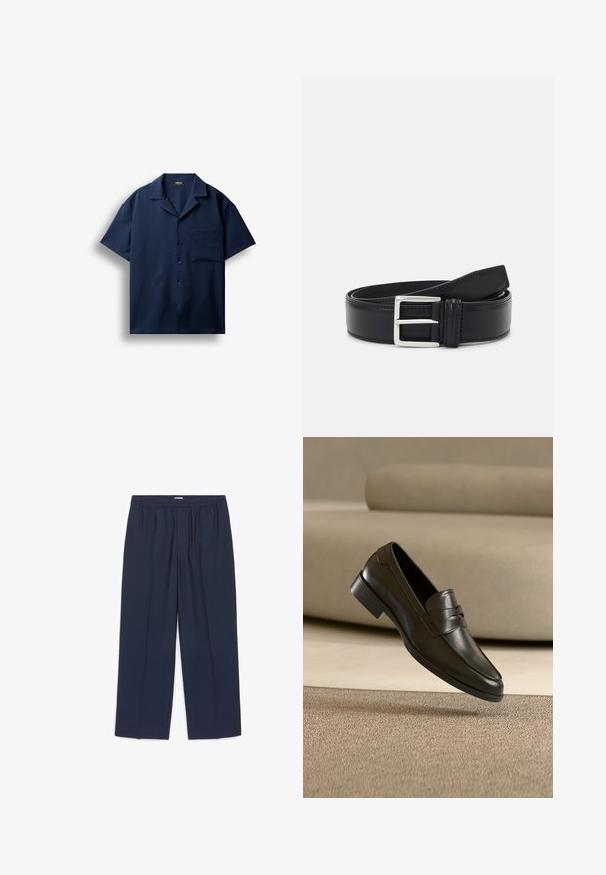 Chemise bleu marine à manches courtes avec boutons, poche poitrine gauche et col classique, présentée sur fond blanc.; Pantalon bleu marine droit avec taille élastique et sans poches visibles, posé à plat sur un fond blanc.; Mocassin en cuir noir flottant au-dessus d'un tapis beige avec un canapé beige en arrière-plan, mettant en valeur le design classique pour hommes sans lacets.; Ceinture en cuir noir avec une boucle en argent, design plat, texture lisse et couture contrastante le long du bord.
