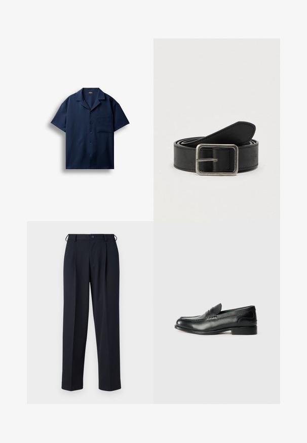 Chemise bleu marine à manches courtes avec boutons, poche poitrine gauche et col classique, présentée sur fond blanc.; Pantalon bleu marine sur mesure avec fermeture devant par bouton et zip, passants de ceinture et poches latérales, présenté sur un fond blanc.; Mocassins en cuir noir avec une finition lisse, des détails cousus sur le devant et un talon légèrement surélevé.; Ceinture en cuir noir avec une boucle en métal argenté, présentant une texture lisse et un design simple et classique.