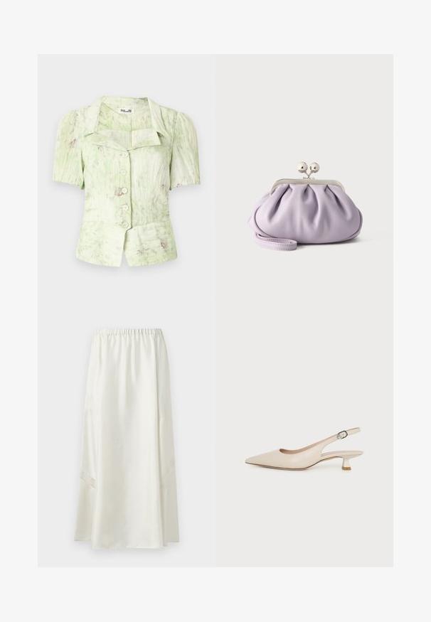 Blouse verte à manches courtes avec un col, présentant une patte de boutonnage à l'avant et un imprimé texturé avec des accents rose clair.; Longue jupe blanche avec taille élastique et inserts subtils en dentelle sur les côtés inférieurs, présentée sur un fond uni.; Chaussure slingback beige à bout pointu avec un petit talon kitten et une boucle latérale réglable sur fond blanc uni.; Pochette lavande douce avec tissu froncé, fermoir kiss-lock argenté et bracelet assorti sur un fond clair uni.
