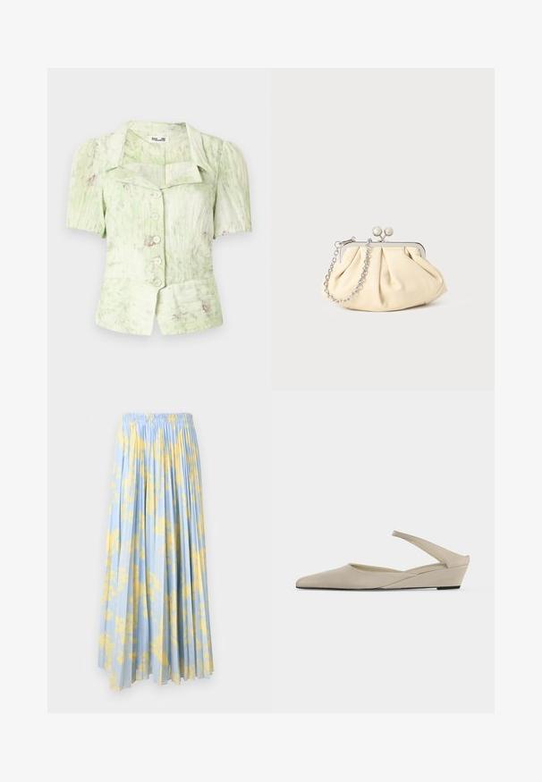 Blouse verte à manches courtes avec un col, présentant une patte de boutonnage à l'avant et un imprimé texturé avec des accents rose clair.; Jupe longue plissée avec taille élastique, base bleu clair et motif floral jaune.; Chaussure slingback beige à petit talon compensé, bout pointu et finition mate lisse, présentée de profil sur fond blanc.; Pochette en cuir beige plissé avec un cadre en métal argenté, dotée de deux fermoirs ronds décoratifs et d'une chaîne en argent.