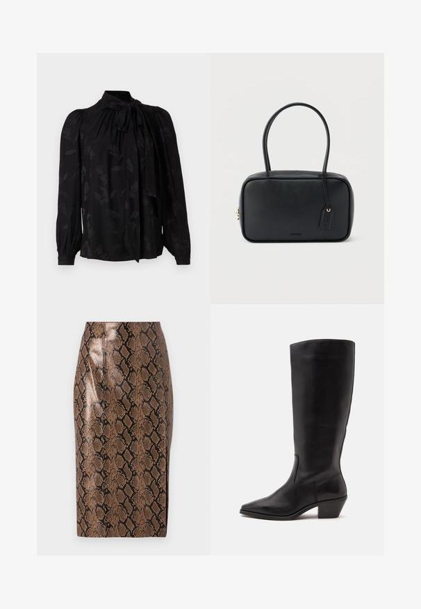 Blouse noire avec un col haut et un détail de cravate. Présente un motif floral subtil et des manches longues bouffantes avec des poignets froncés. Texture lisse.; Jupe crayon en imprimé serpent marron avec une finition brillante, présentant un design ajusté et des coutures verticales pour une silhouette élancée.; Botte en cuir noire mi-mollet avec un bout pointu et un talon bas incliné sur un fond clair uni.; Sac à main rectangulaire noir avec doubles poignées arrondies, fermeture éclair dorée et logo "HUGO" embossé sur le devant avec une étiquette en cuir attachée.