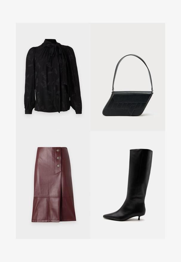 Sort bluse med høj krave og bindedetalje. Har et subtilt blomstermønster og puffede lange ærmer med sammensnørede manchetter. Glat tekstur.; TWINSET COATED SKIRT - A-snit nederdel - wine tasting; Sort læder knæhøj støvle med spids snude og lav kittenhæl mod en ensfarvet lys baggrund.; Sort skuldertaske i læder med trekantet form, præget logo og en enkelt justerbar rem. Minimalistisk design med glat tekstur.