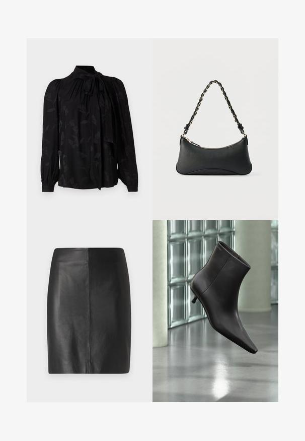 Blouse noire avec un col haut et un détail de cravate. Présente un motif floral subtil et des manches longues bouffantes avec des poignets froncés. Texture lisse.; Jupe en cuir noir avec une coupe ajustée et une texture lisse, présentant une couture centrale à l'avant et une silhouette épurée et minimaliste.; Bottine en cuir noir avec bout pointu et petit talon, présentée devant un mur en blocs de verre et un sol poli.; Sac à bandoulière en cuir noir de forme rectangulaire incurvée, avec une chaîne dorée tissée dans la bandoulière noire tressée et une fermeture éclair sur le dessus.