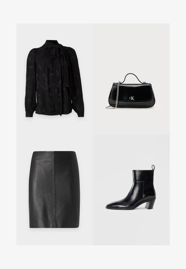 Blouse noire avec un col haut et un détail de cravate. Présente un motif floral subtil et des manches longues bouffantes avec des poignets froncés. Texture lisse.; Jupe en cuir noir avec une coupe ajustée et une texture lisse, présentant une couture centrale à l'avant et une silhouette épurée et minimaliste.; Bottine en cuir noir avec un bout pointu, un talon empilé géométrique et une languette à l'arrière. Texture lisse et design épuré.; Sac à main en cuir noir avec une chaîne en bandoulière, forme structurée et accent logo argenté. Texture lisse avec un rabat.