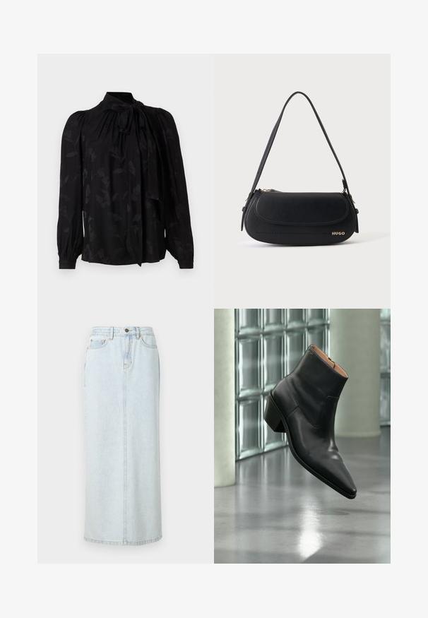 Sort bluse med høj krave og bindedetalje. Har et subtilt blomstermønster og puffede lange ærmer med sammensnørede manchetter. Glat tekstur.; Lyseblå denim maxi-nederdel med lige design, frontknaplukning og synlige syninger. Har to frontlommer.; Sort læderankelstøvle med spids tå og blokhæl, der svæver over en reflekterende grå gulv nær en væg af glasblokke.; Sort skuldertaske i læder med buet klap, guld "HUGO" logo på forsiden og enkelt justerbar strop.