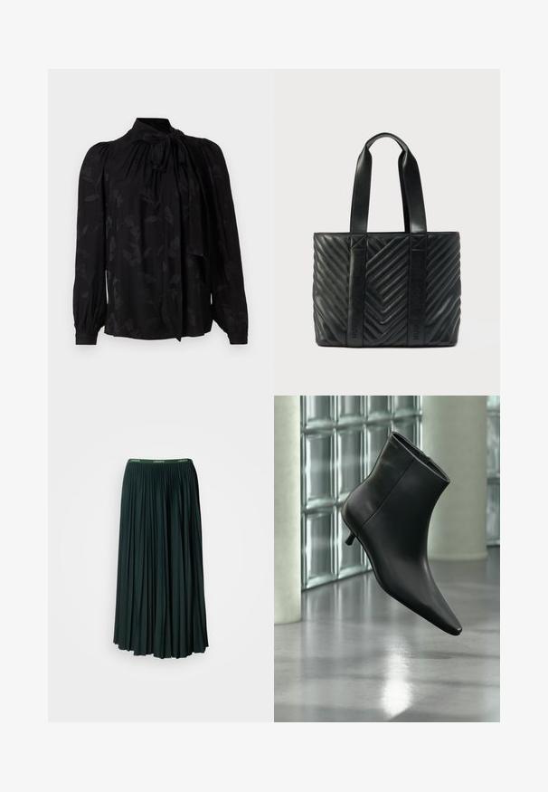 Blouse noire avec un col haut et un détail de cravate. Présente un motif floral subtil et des manches longues bouffantes avec des poignets froncés. Texture lisse.; Jupe longue plissée de couleur vert foncé avec une large ceinture arborant le nom de la marque "LACOSTE" en lettres vertes contrastantes.; Bottine en cuir noir à bout pointu et petit talon kitten, présentée en angle devant un sol poli et un mur en blocs de verre.; Sac cabas matelassé noir avec un motif chevron, équipé de poignées plates et d'un logo embossé sur les côtés. Fabriqué en cuir lisse.
