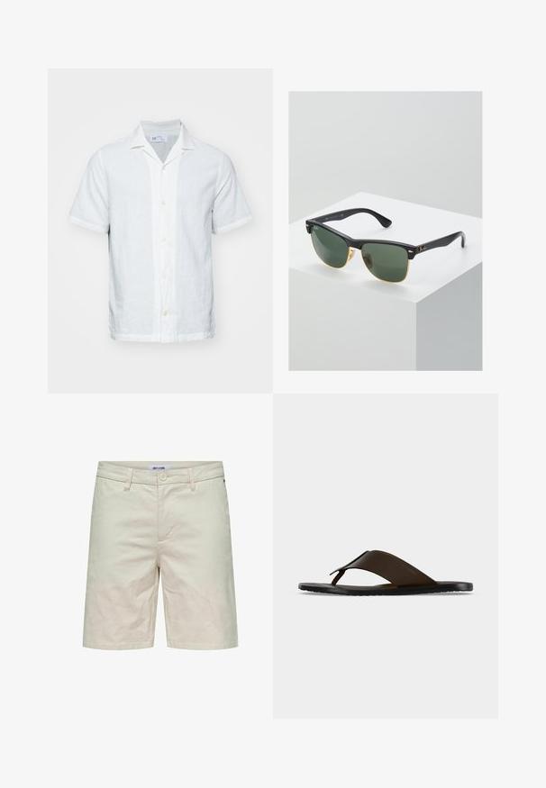 Chemise en lin à manches courtes de couleur blanche claire, avec un col, un devant boutonné et une texture subtile. Présente un ourlet droit et des manches retroussées.; Shorts en coton beige avec fermeture à bouton, passants de ceinture et poches latérales. Texture lisse et coupe droite, adaptés à une tenue décontractée.; Sandale tong en cuir marron foncé avec une large sangle à la cheville et une semelle plate noire, montrée de profil sur fond gris.; Lunettes de soleil Ray-Ban avec des verres verts, monture en plastique noir et accents dorés sur les bords. Forme carrée avec une finition mate.