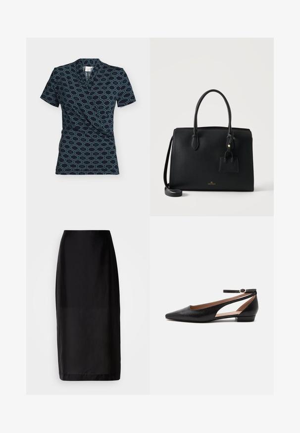 Blouse portefeuille manches courtes pour femme avec motif hexagones bleu marine et bleu sarcelle sur fond sombre.; Jupe midi noire au design droit, fabriquée en tissu lisse. Dotée d'une taille et d'un ourlet à la longueur des genoux.; Chaussure plate noire à bout pointu avec bride à la cheville et petit talon, avec un motif texturé imitation crocodile.; Sac à main en cuir structuré noir avec deux poignées, une bandoulière amovible et une petite étiquette attachée sur fond blanc.