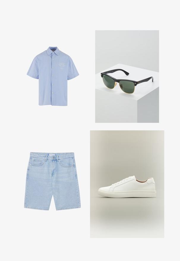 Kortærmet skjorte med knapper i lys blå med hvide striber, med en klassisk krave og et lille broderet design på brystet.; Lys blå denimshorts med lige snit, der har frontlommer, knaplukning og en slidt finish. Klassisk fem-lomme-design.; Hvid lavt snøresko med snørelukning og flad sål, vist fra siden på en neutral baggrund.; Ray-Ban solbriller med grønne linser, sorte plastikstel og gyldne detaljer ved kanterne. Firkantet form med mat finish.