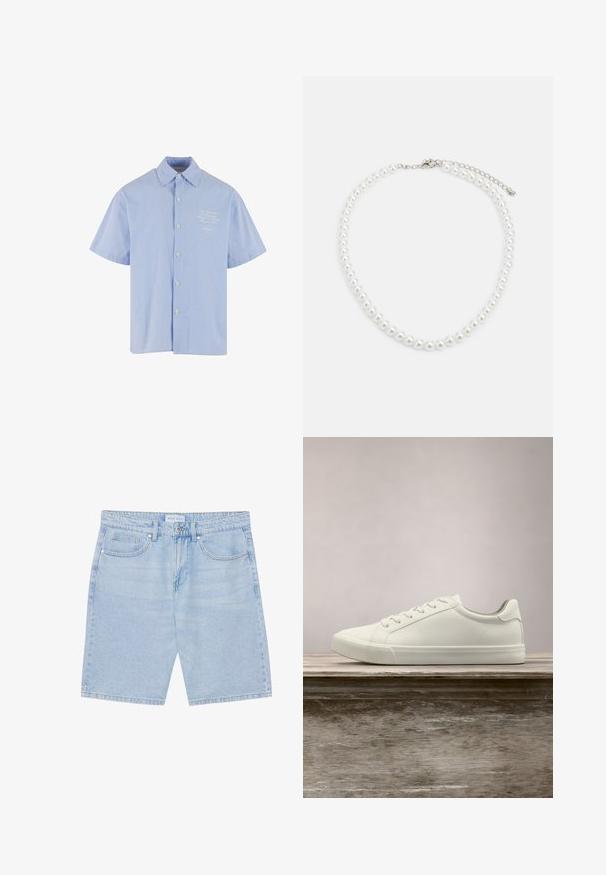 Chemise bleu clair à manches courtes avec boutons, fines rayures blanches verticales et petit logo brodé sur la poitrine gauche.; Shorts en denim bleu clair avec une coupe droite, dotés de poches avant, de fermeture à bouton et d'une finition délavée. Design classique à cinq poches.; Sneaker en dentelle blanche flottant au-dessus d'un banc en bois avec un feuillage vert en arrière-plan, mettant en valeur le design et la texture de la chaussure.; Collier en perles blanches avec une forme ronde uniforme, surface lisse et fermoir en métal avec une chaîne d'extension pour une longueur ajustable.