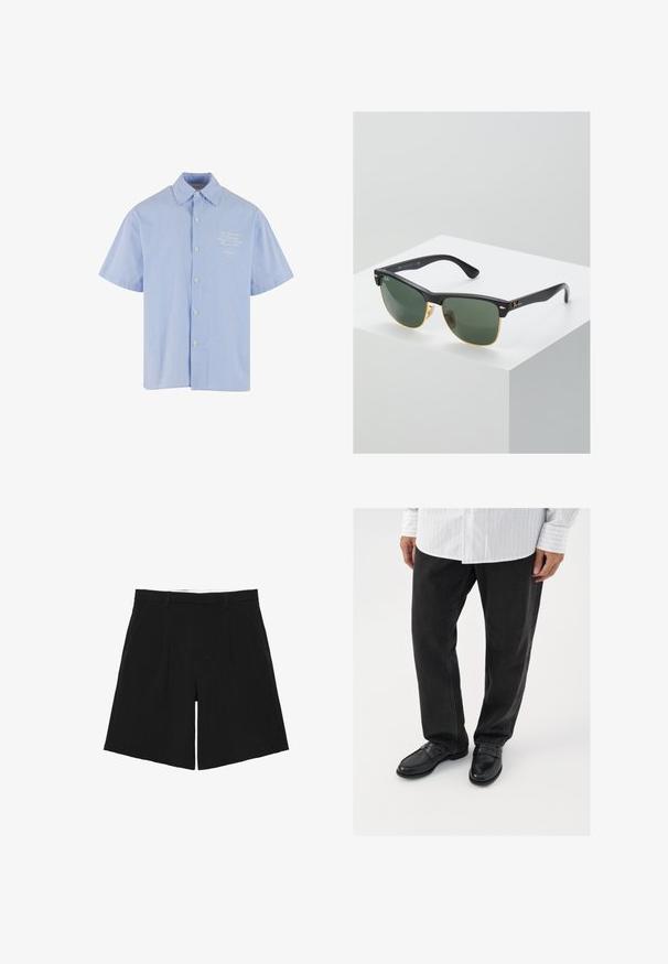 Kortærmet skjorte med knapper i lys blå med hvide striber, med en klassisk krave og et lille broderet design på brystet.; Sorte skræddersyede shorts med bæltestropper, forreste læg og sidelommer, lagt fladt på en hvid baggrund.; Sorte denimbukser parret med skinnende sorte loafers. Skjorten er hvid med tynde lodrette striber, har lange ærmer og en knapkrave.; Ray-Ban solbriller med grønne linser, sorte plastikstel og gyldne detaljer ved kanterne. Firkantet form med mat finish.