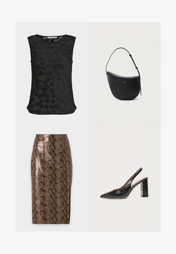 Blouse noire sans manches en tissu semi-transparent avec motif texturé de points irréguliers, col rond et petites fentes latérales à l'ourlet.; Jupe crayon en imprimé serpent marron avec une finition brillante, présentant un design ajusté et des coutures verticales pour une silhouette élancée.; Chaussure slingback en cuir noir à bout pointu avec un talon bloc haut et une doublure intérieure beige sur un fond clair uni.; Sac à bandoulière en cuir noir en forme de demi-lune avec une bandoulière réglable et le logo doré « BOSS » centré sur le devant.