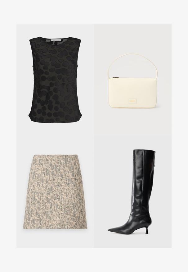 Blouse noire sans manches en tissu semi-transparent avec motif texturé de points irréguliers, col rond et petites fentes latérales à l'ourlet.; Mini-jupe en tissu tissé beige et gris avec une forme évasée en A et un motif irrégulier subtil.; Botte en cuir noir hautes jusqu'au genou avec un bout pointu et un talon fin et courbé. Texture lisse, design ajusté, sans matériel ni motifs visibles.; Sac à main rectangulaire de couleur crème avec une seule sangle et une fermeture éclair sur le dessus, comportant une petite plaque de logo embossé à l'avant.