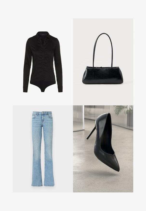 Bodysuit noir à manches longues avec un col, patte de boutonnage à l'avant et design ajusté. Fabriqué en tissu lisse avec une finition élégante.; Jean en denim bleu clair avec une taille haute et des jambes évasées, doté de poches avant, passants pour ceinture et fermeture par bouton.; Escarpin noir en cuir verni à talons hauts avec bout pointu, au design élégant et sans hardware visible. Texture lisse et style minimaliste.; Sac à épaule rectangulaire noir avec de longues bretelles fines et une texture lisse et brillante sur un fond uni.