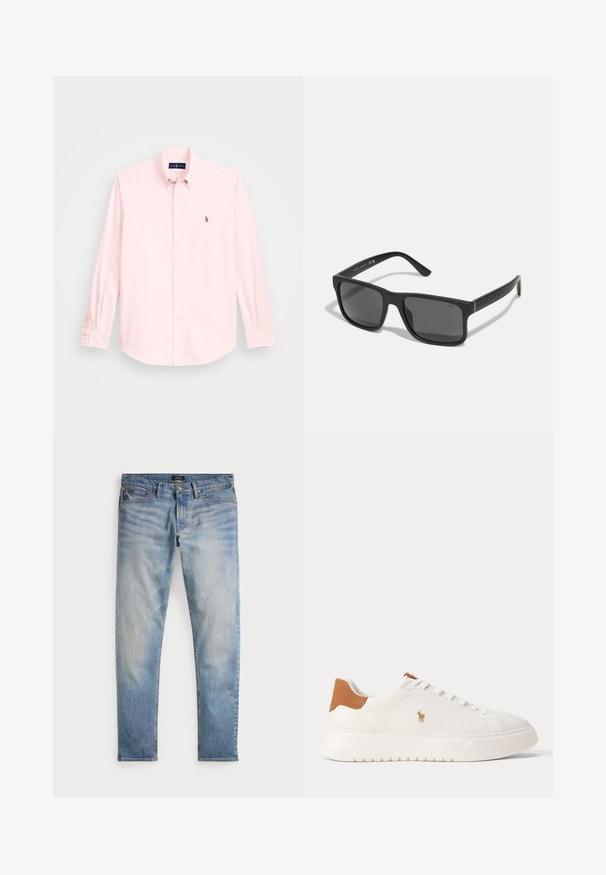Lichtroze overhemd met lange mouwen en een button-down kraag, voorzien van een klein geborduurd logo op de linkerborst, gemaakt van een soepele katoenstof.; Lichtblauwe denim jeans met een vervaagde afwerking, vijfzakkenontwerp en contrasterende stiksels. Heeft een ritssluiting en riemlussen. Rechte snit.; Witte lage sneaker met beige hieltab, witte veters en klein geborduurd polo spelerlogo aan de zijkant boven een dikke zool.; Zwarte rechthoekige zonnebril met donkere lenzen en matte afwerking. Voorzien van het ingekruide "POLO"-logo op de armen en een robuust frameontwerp.