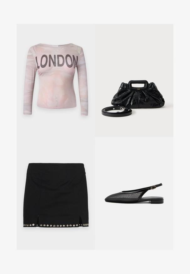 Blusa de manga larga que presenta un patrón abstracto en rosa claro con "LONDON" impreso en letras negras en negrita a lo largo del pecho. Tela elástica.; Ludovic de Saint Sernin LISETTE - Minifalda - black; Zapato plano negro tipo slingback con punta estrecha, parte superior de malla, correa ajustable con hebilla y tacón bajo apilado sobre fondo blanco.; Bolso pequeño de cuero negro con textura fruncida, asa rectangular y correa de hombro delgada y desmontable colocada al lado.