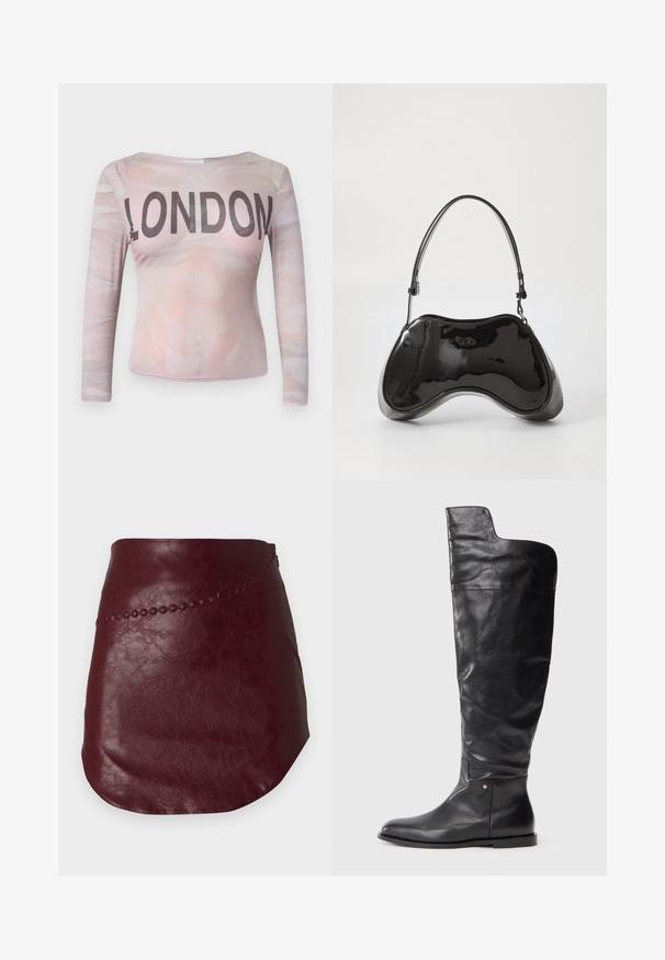 Blusa de manga larga que presenta un patrón abstracto en rosa claro con "LONDON" impreso en letras negras en negrita a lo largo del pecho. Tela elástica.; Minifalda de cuero color burdeos con un acabado texturizado, que presenta una costura decorativa y una cremallera lateral para el cierre.; Bota negra de cuero hasta la rodilla con suela plana y parte superior ligeramente más ancha, con un corte asimétrico en el lado exterior.; Bolso de mano de piel sintética negra con un diseño curvado único, asas cortas y ajustables, y abertura con cremallera en la parte superior. Textura suave con una sutil marca.