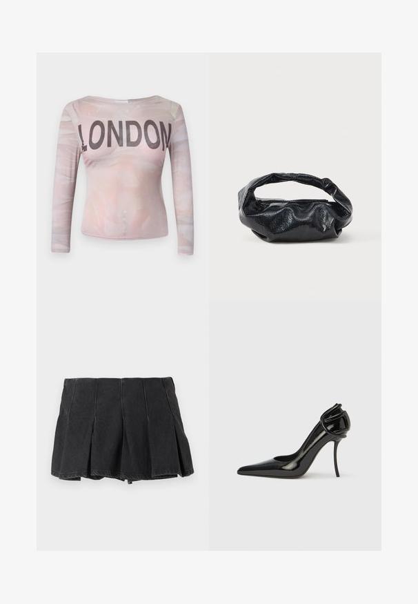 Blusa de manga larga que presenta un patrón abstracto en rosa claro con "LONDON" impreso en letras negras en negrita a lo largo del pecho. Tela elástica.; Minifalda negra plisada con detalles de costuras visibles, hecha de tela vaquera, mostrada sobre un fondo claro y liso.; Zapato de tacón alto de charol negro con punta afilada y parte trasera abierta. Presenta un detalle curvo único en el talón. Acabado elegante y brillante.; Bolso negro hecho de un material brillante y texturizado con un asa circular retorcida y un cierre de cremallera. Presenta un diseño suave y arrugado.
