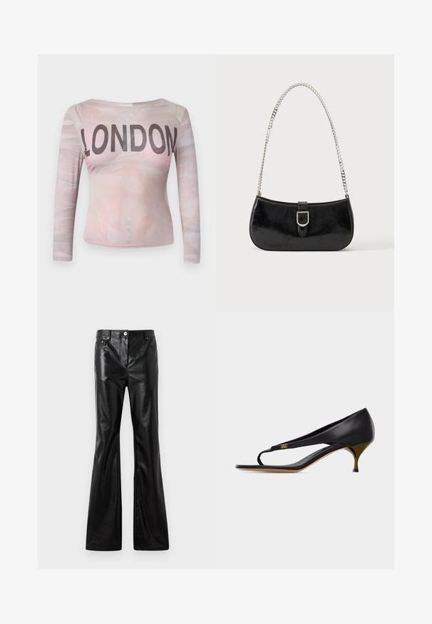 Blusa de manga larga que presenta un patrón abstracto en rosa claro con "LONDON" impreso en letras negras en negrita a lo largo del pecho. Tela elástica.; Rabanne Vaqueros holgados - black; Sandalia negra de cuero con tacón kitten, tira delgada en la puntera y detalle de emblema dorado en el lateral.; Bolso de hombro de charol negro con detalle de hebilla plateada y correa de cadena plateada, presentado sobre un fondo liso y claro.