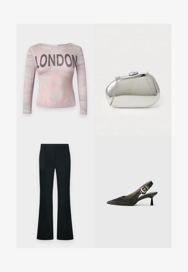 Blusa de manga larga que presenta un patrón abstracto en rosa claro con "LONDON" impreso en letras negras en negrita a lo largo del pecho. Tela elástica.; Pantalones negros de talle alto con piernas acampanadas, trabillas para cinturón y cierre frontal oculto, mostrados sobre un fondo liso.; Zapato slingback negro con punta afilada, textura de malla trenzada y acento de hebilla en el talón. Tacón delgado y curvado. Detalles de cuero liso.; Clutch de metal plateado con forma redondeada y suave. Cuenta con un cierre de broche y una cadena desmontable. Superficie reflectante sin patrones.