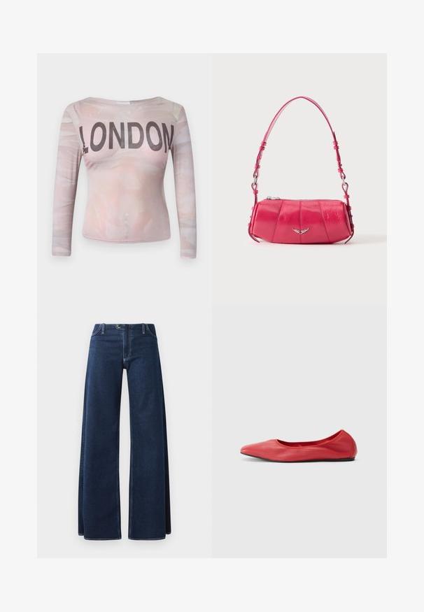 Langærmet top med et lyserødt abstrakt mønster og "LONDON" trykt i fede sorte bogstaver over brystet. Strækbart stof.; Bredde ben denim jeans i mørkeblå med synlige syninger, forlommer og knaplukning. Fremstillet af et solidt denimstof.; Filippa K REY FLATS - Ballerinasko - bright red; Lille skinnende lyserød skuldertaske i læder med sølv vingeemblem og justerbar rem, lynlåslukning øverst, vist på hvid baggrund.