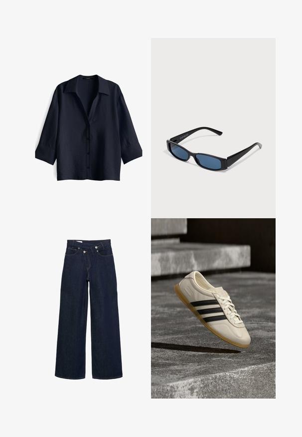 Donkerblauw knoopshirt met een gestructureerd oppervlak, korte mouwen en een klassieke kraag. Heeft zes bijpassende knopen aan de voorkant.; Donkerblauwe wijde denim jeans met hoge taille en knoopsluiting, met voor- en achterzakken en bruine stiksels.; Witte sneaker met zwarte strepen en rubberen zool zwevend boven betonnen trap in zacht daglicht.; Zwarte zonnebril met een slank rechthoekig frame en blauwe lenzen. Heeft een gladde textuur en stevige pootjes. Merklogo aan de zijkant.