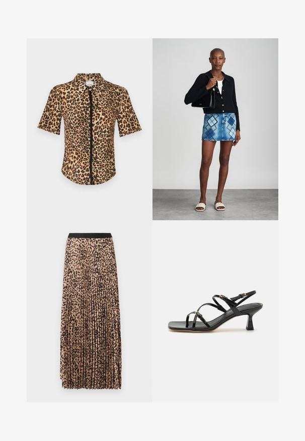 Chemise à manches courtes à boutonner, ornée d'un imprimé léopard dans des tons de marron et de noir. Texture lisse avec un col classique et une patte de boutonnage sur le devant.; Jupe longue plissée beige à imprimé léopard noir. Elle présente une ceinture noire, une texture douce et une coupe fluide.; Sandales à strapes en cuir verni noir avec un bout carré et un petit talon carré. Présente des accessoires en métal doré et des brides de cheville réglables.; Un cardigan en maille noir, un haut blanc, une jupe en denim avec un motif de diamants bleus et noirs, un sac à main noir et des sandales à enfiler beiges.