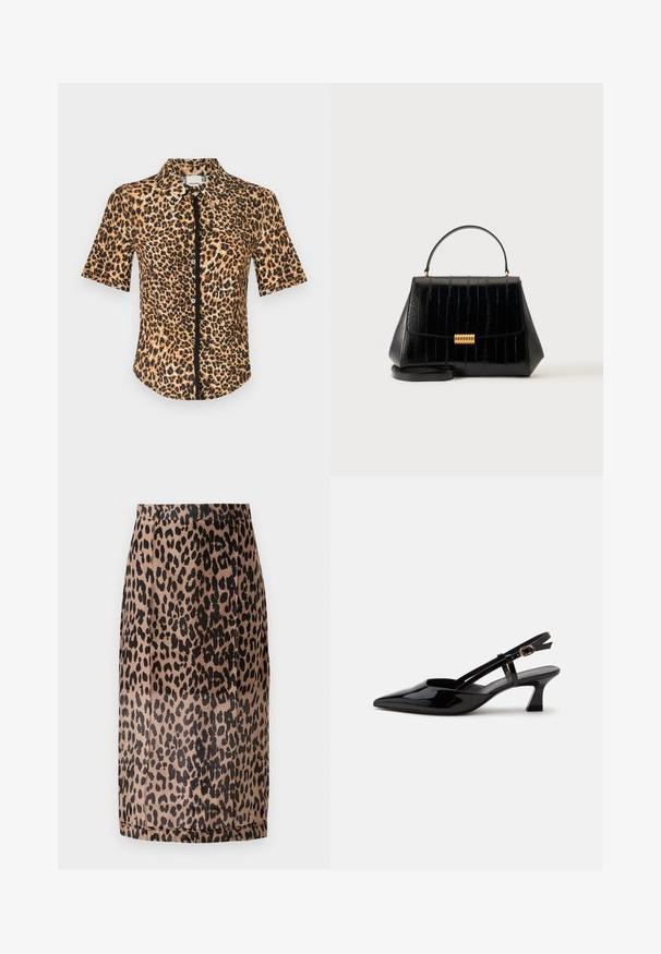 Chemise à manches courtes à boutonner, ornée d'un imprimé léopard dans des tons de marron et de noir. Texture lisse avec un col classique et une patte de boutonnage sur le devant.; Jupe crayon imprimé léopard en beige et noir. Tissu lisse, design ajusté avec une coupe au genou et une ceinture invisible. Pas de fermetures visibles.; Chaussure slingback en cuir verni noir à petit talon, bout pointu et bride réglable avec boucle dorée sur fond blanc.; Sac à main en cuir noir avec poignée supérieure, fermoir doré et bandoulière amovible sur un fond clair uni.