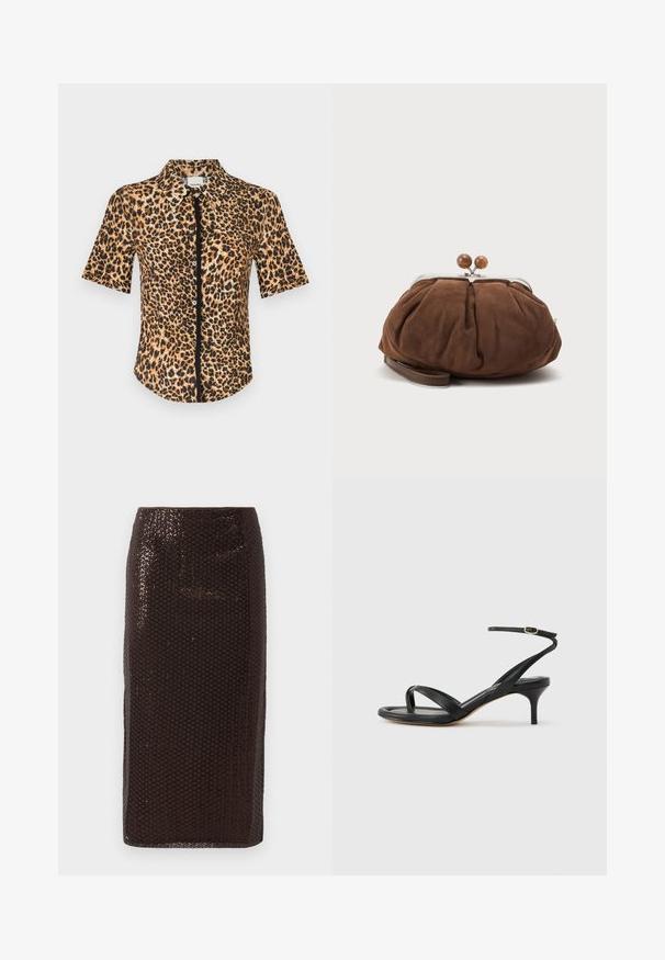 Chemise à manches courtes à boutonner, ornée d'un imprimé léopard dans des tons de marron et de noir. Texture lisse avec un col classique et une patte de boutonnage sur le devant.; Jupe crayon en sequins marron foncé avec une taille haute et un motif en diamant subtil, présentée sur un fond blanc uni.; Sandale pour femme en cuir noir avec fines lanières, une boucle d'orteil, une boucle à la cheville et un talon aiguille de hauteur moyenne sur un fond neutre.; Petit sac poignet en daim marron doux avec cadre en métal argenté et boules rondes marron de fermeture sur fond clair uni.