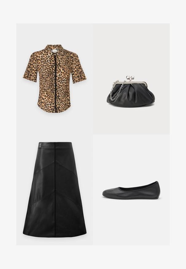Chemise à manches courtes à boutonner, ornée d'un imprimé léopard dans des tons de marron et de noir. Texture lisse avec un col classique et une patte de boutonnage sur le devant.; Jupe en cuir noir en forme A avec une texture lisse, arborant des motifs de coutures géométriques et une fermeture éclair dissimulée à l'arrière.; Ballerines en cuir noir avec un bout rond, texture lisse, détails de couture minimalistes et design de semelle flexible.; Porte-monnaie en cuir noir avec texture froncée, cadre en métal argenté, fermeture à verrouillage kiss-lock et bandoulière en chaîne. Surface lisse et douce.