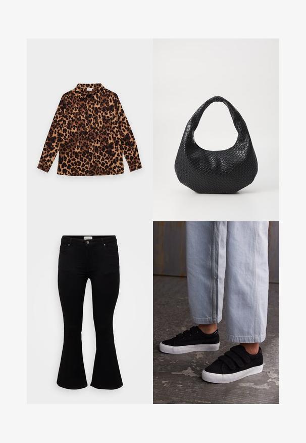 Leopardmønstret skjorte med knaplukning, lange ærmer, to brystlommer og krave. Fremstillet af blødt stof med en varm farvepalet.; Sorte flare jeans lavet af blød denim, med en tætsiddende talje, frontlommer og en flagrende kant for en afslappet pasform.; Sorte corduroy sneakers med tre Velcro-stropper og en tekstureret overdel. Lavprofil hvid gummisål. Båret med lyseblå cropped bukser.; Sort flettet håndtaske med et buet håndtag, der har en struktureret overflade og en afslappet form. Glat finish med en organisk silhuet.