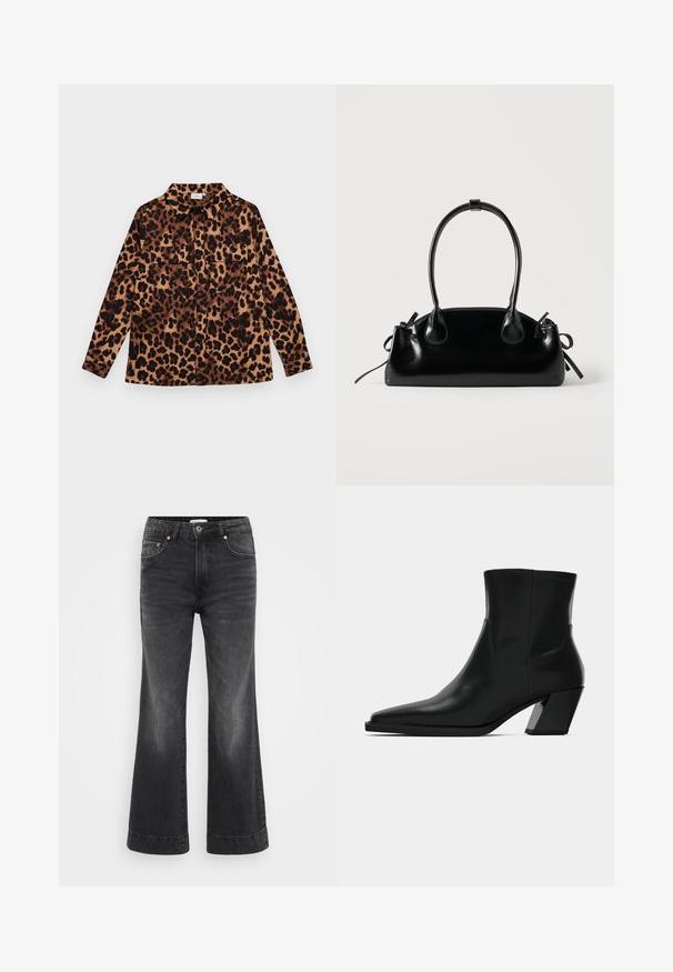 Leopardmønstret skjorte med knaplukning, lange ærmer, to brystlommer og krave. Fremstillet af blødt stof med en varm farvepalet.; Sorte brede ben jeans med høj talje, lavet af denim. Har forlommer, kobbernitter og synlige sømme langs sømmenes kant.; Sortlæder ankelstøvle med spids tå, en slank silhuet og en kraftig firkantet hæl. Glat tekstur med minimale stikninger.; Lille sort blank håndtaske med to lange håndtag og snøre-detaljer i siden på en ensfarvet lys baggrund.