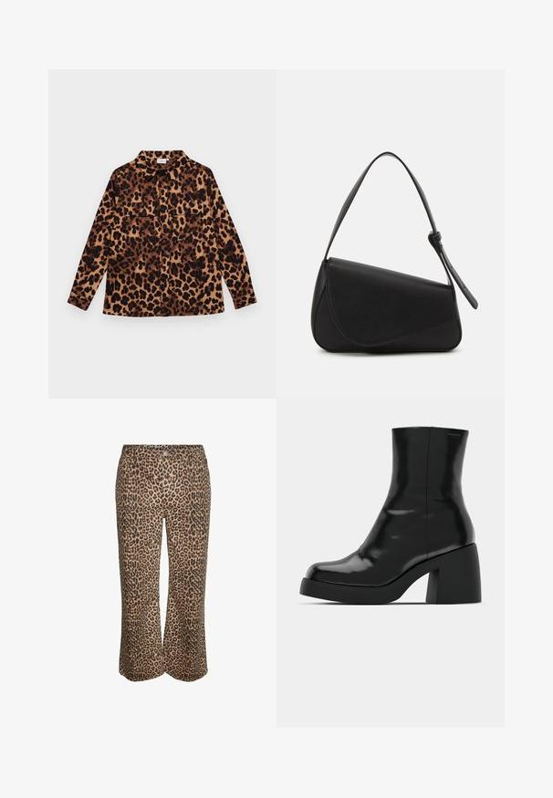 Camisa de estampado de leopardo con diseño de botones, mangas largas, dos bolsillos en el pecho y cuello. Fabricada con un tejido suave en una paleta de colores cálidos.; Pantalones cortos de pierna ancha con estampado de leopardo, cierre frontal con botón y cremallera, fabricados con tela suave.; Botas de tobillo negras con un acabado brillante, punta cuadrada y un tacón grueso en bloque. El diseño presenta una silueta sin costuras y un minimalismo en la marca.; Bolso de mano de cuero negro con forma triangular, tapa en ángulo y un asa superior redondeada. Presenta una textura suave y detalles de diseño minimalistas.